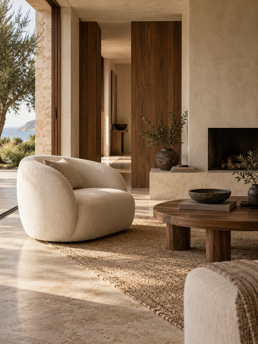 Inspiración de un salón con materiales naturales y luz cálida